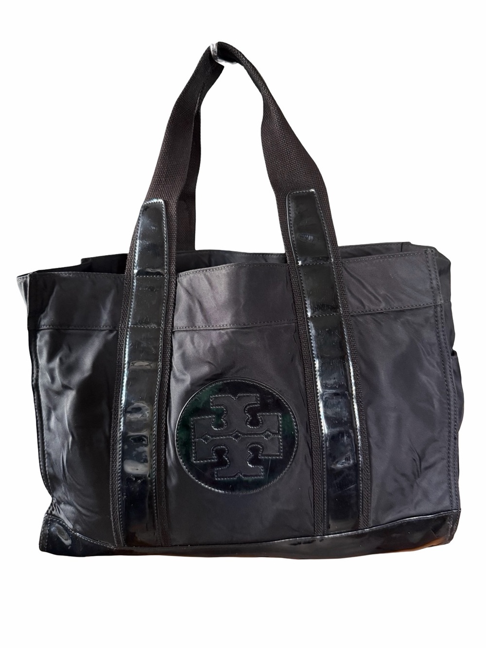 Tory Burch Black Nylon Duffel Tote with Patent Trim